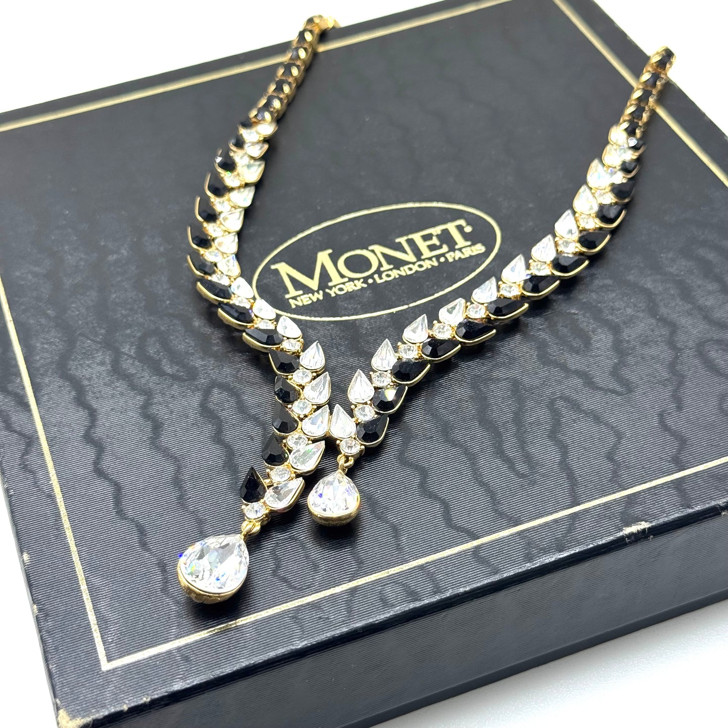 Monet Statement 1980s Swarovski Crystal Y-Necklace with Dual Teardrop Crystal Pendants in Original Box