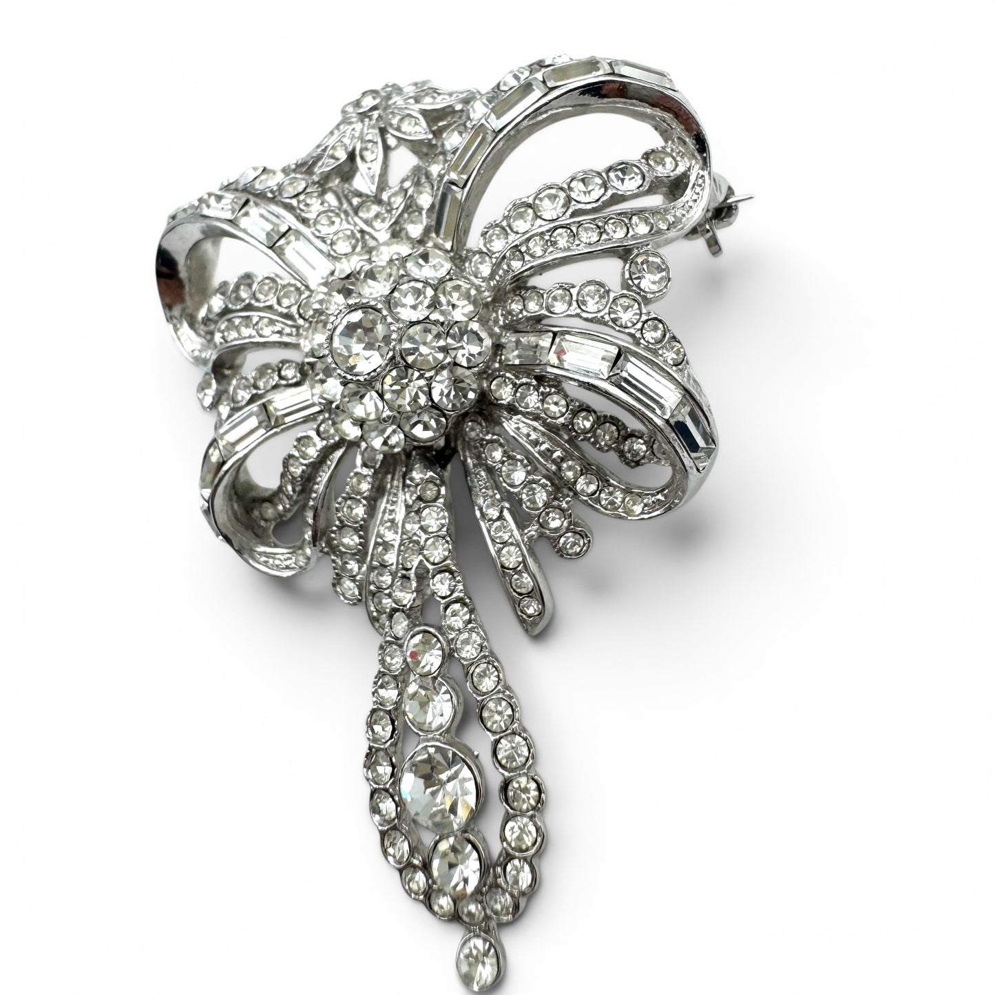 Attwood and Sawyer Rhodium Plated and Swarovski Crystal 'Minuet' Bow Brooch