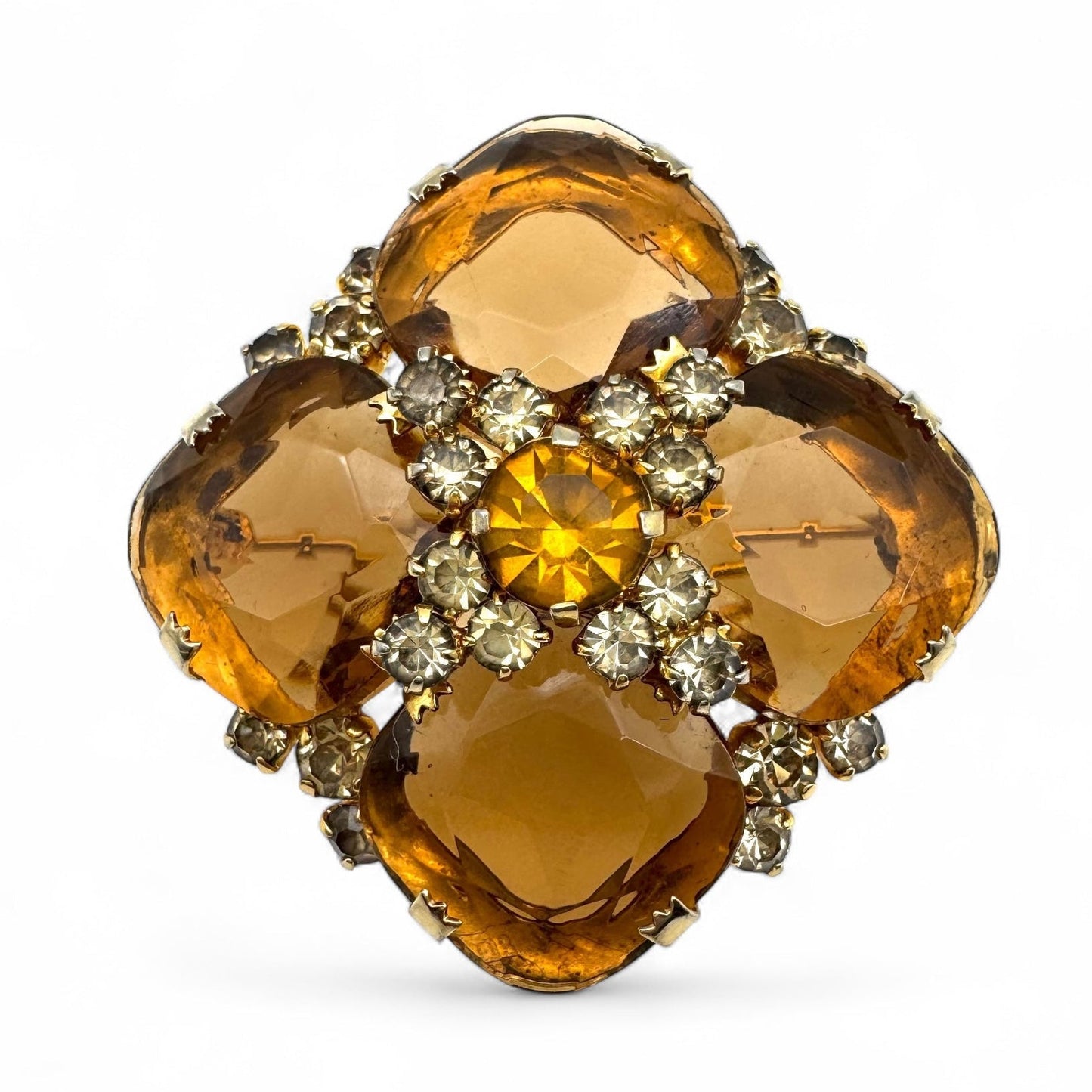 1950s Open Back Cushion-Shaped Topaz Glass Quatrefoil Brooch