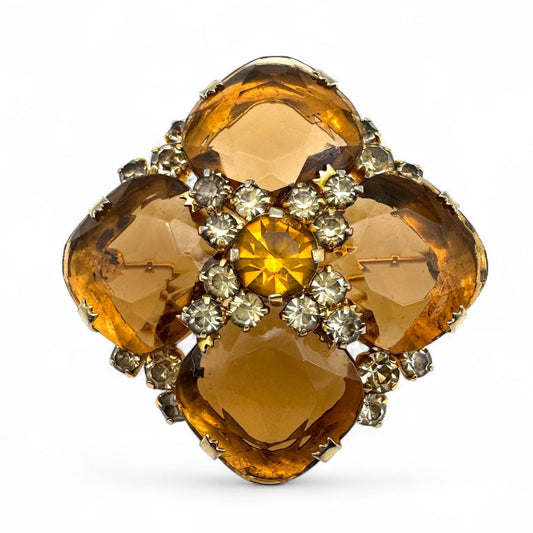 1950s Open Back Cushion-Shaped Topaz Glass Quatrefoil Brooch