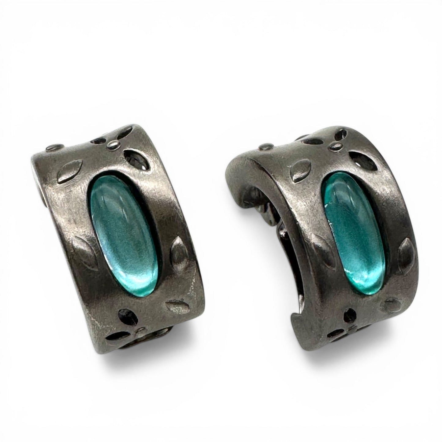 1990s Givenchy Sculptural Cuff Floral Push Back Clip-On Earrings with Turquoise Glass Cabochons