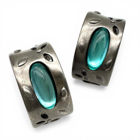 1990s Givenchy Sculptural Cuff Floral Push Back Clip-On Earrings with Turquoise Glass Cabochons