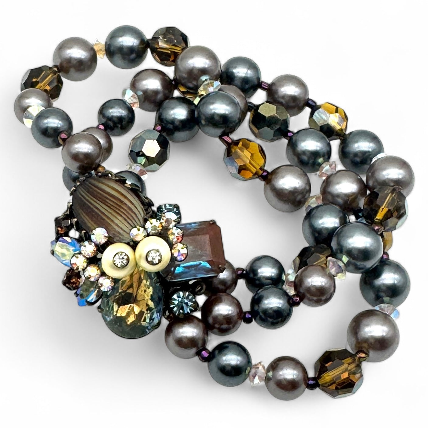 Marvella Sappharine / Saphiret Three Strand Smoky Grey and Chocolate Bronze Faux Pearl Bracelet with Cluster Slide Clasp