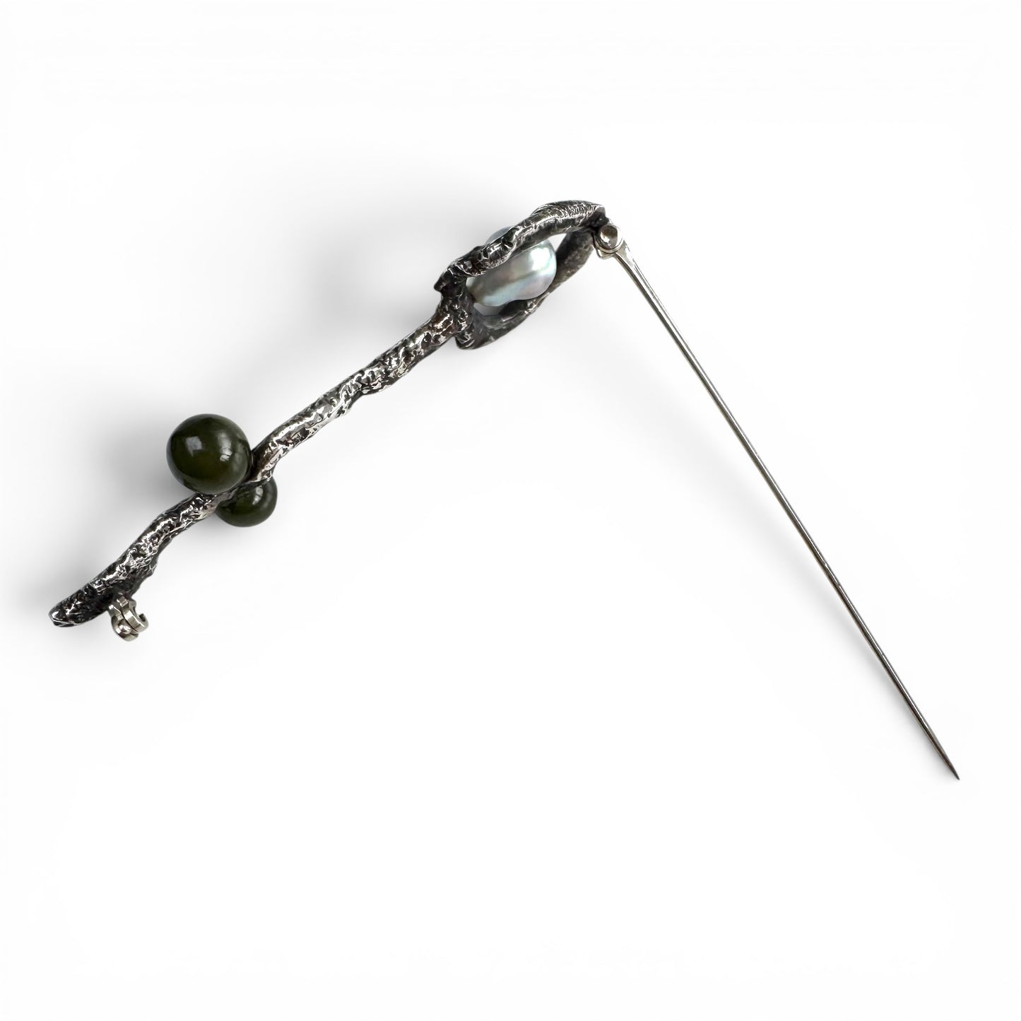 Vintage Sterling Silver Handcrafted Organic Freeform Key Brooch with Baroque Cultured Pearl and Green Stone Accents