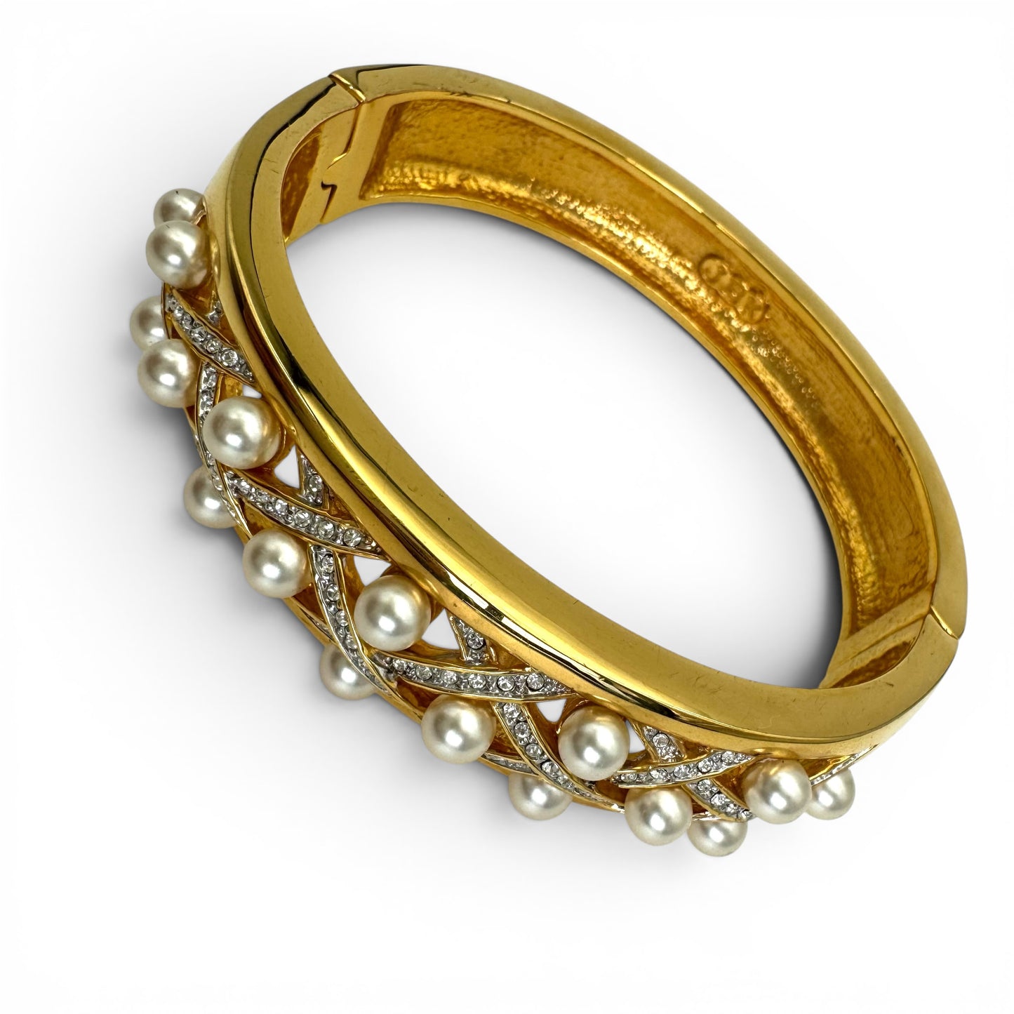 Camrose and Kross JBK 18ct Gold Plated Lattice Glass Faux Pearl and Swarovski Crystal Hinged Bangle