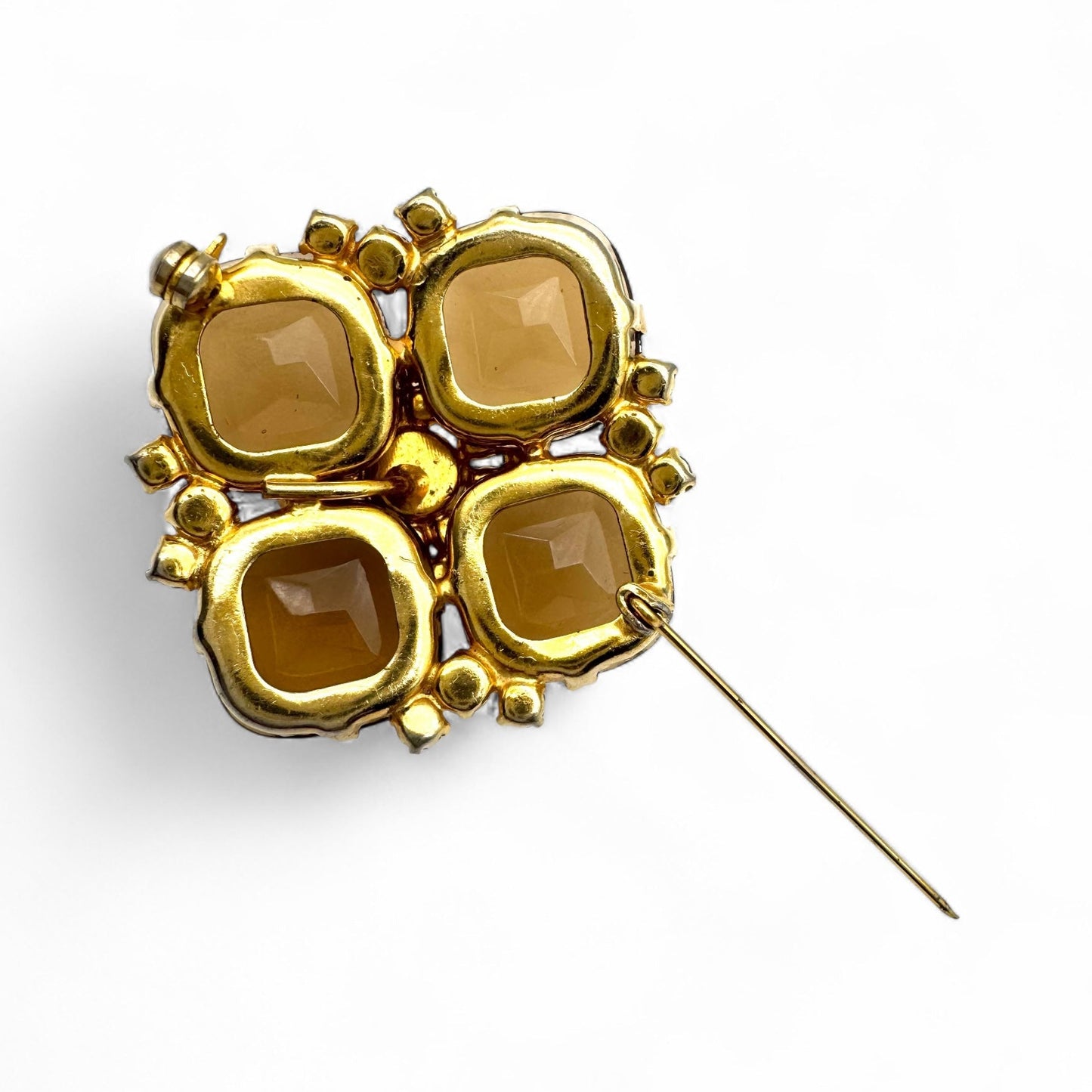 1950s Open Back Cushion-Shaped Topaz Glass Quatrefoil Brooch