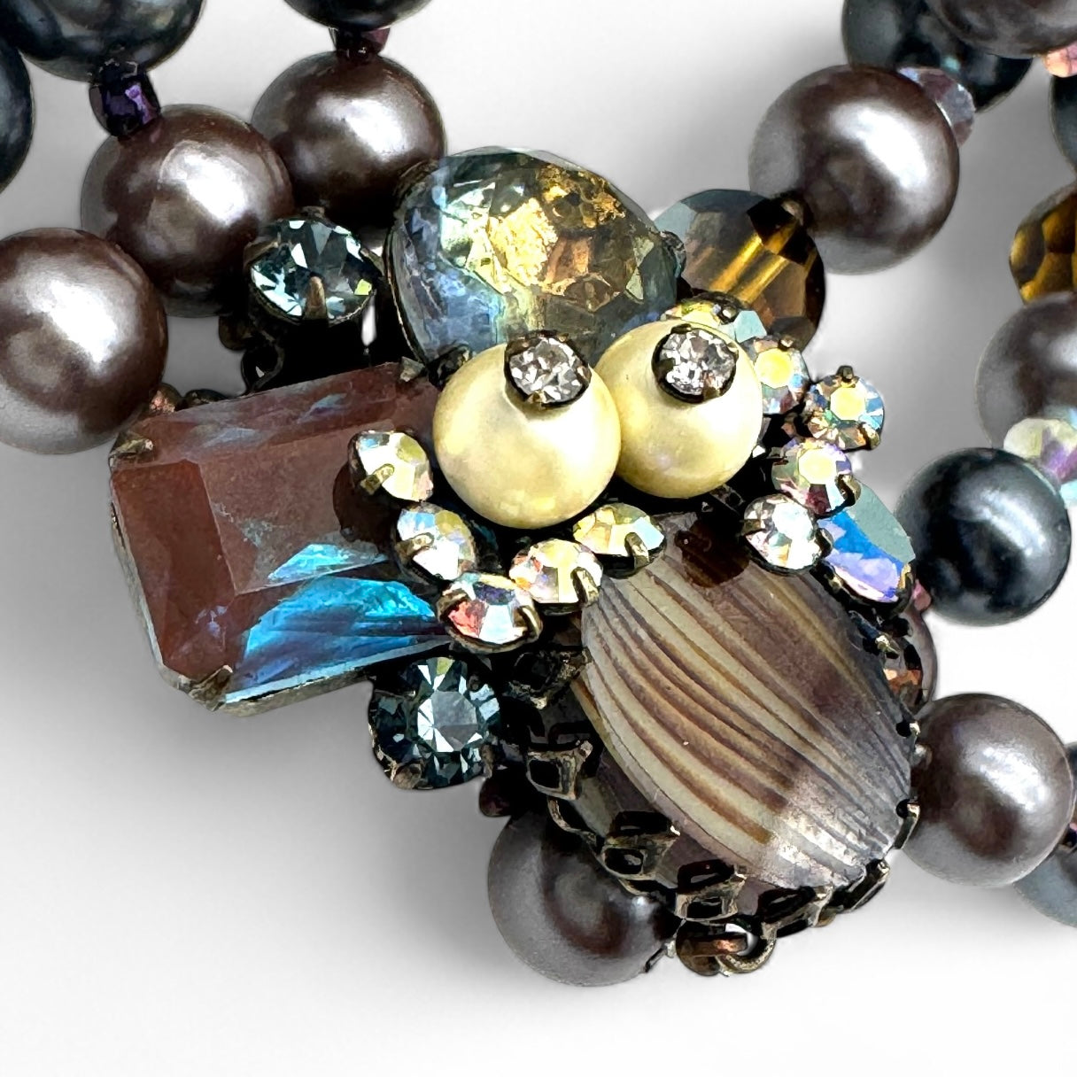 Marvella Sappharine / Saphiret Three Strand Smoky Grey and Chocolate Bronze Faux Pearl Bracelet with Cluster Slide Clasp