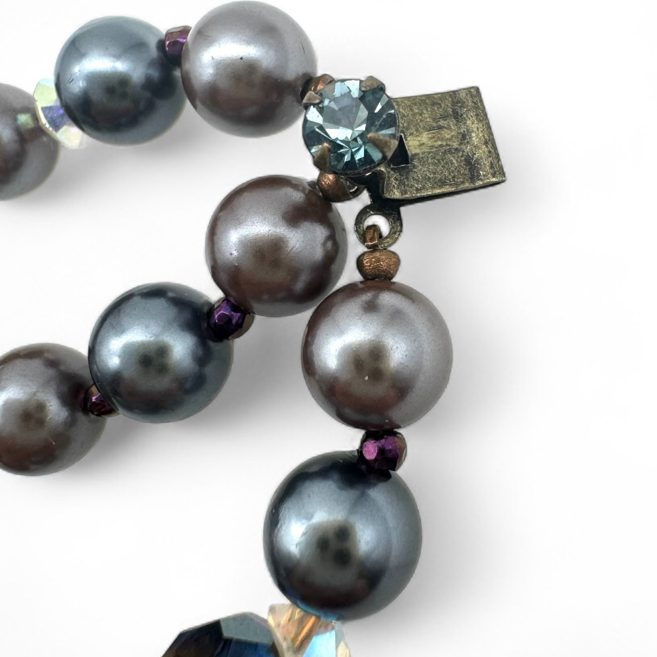 Marvella Sappharine / Saphiret Three Strand Smoky Grey and Chocolate Bronze Faux Pearl Bracelet with Cluster Slide Clasp