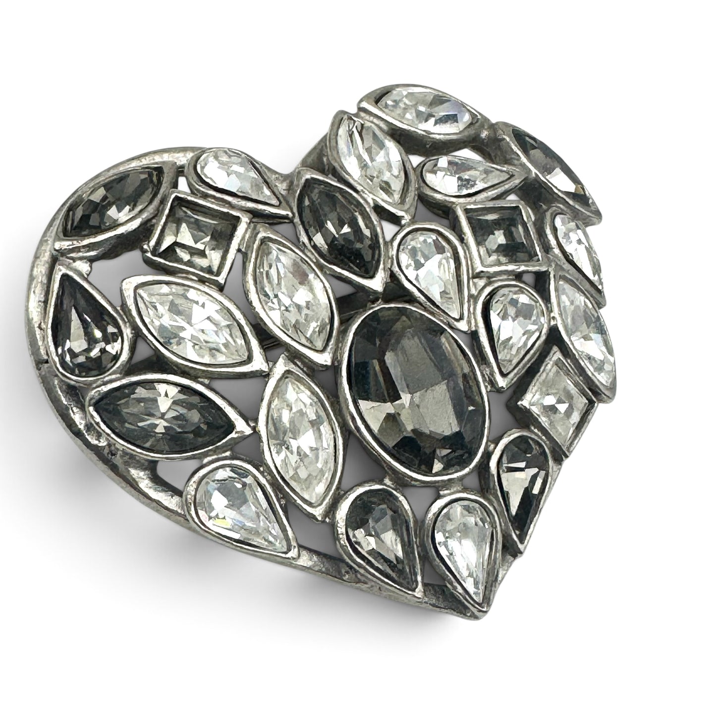 Yves Saint Laurent by Robert Goossens Rare Smoky Grey and Clear Crystal Heart Brooch 1980's