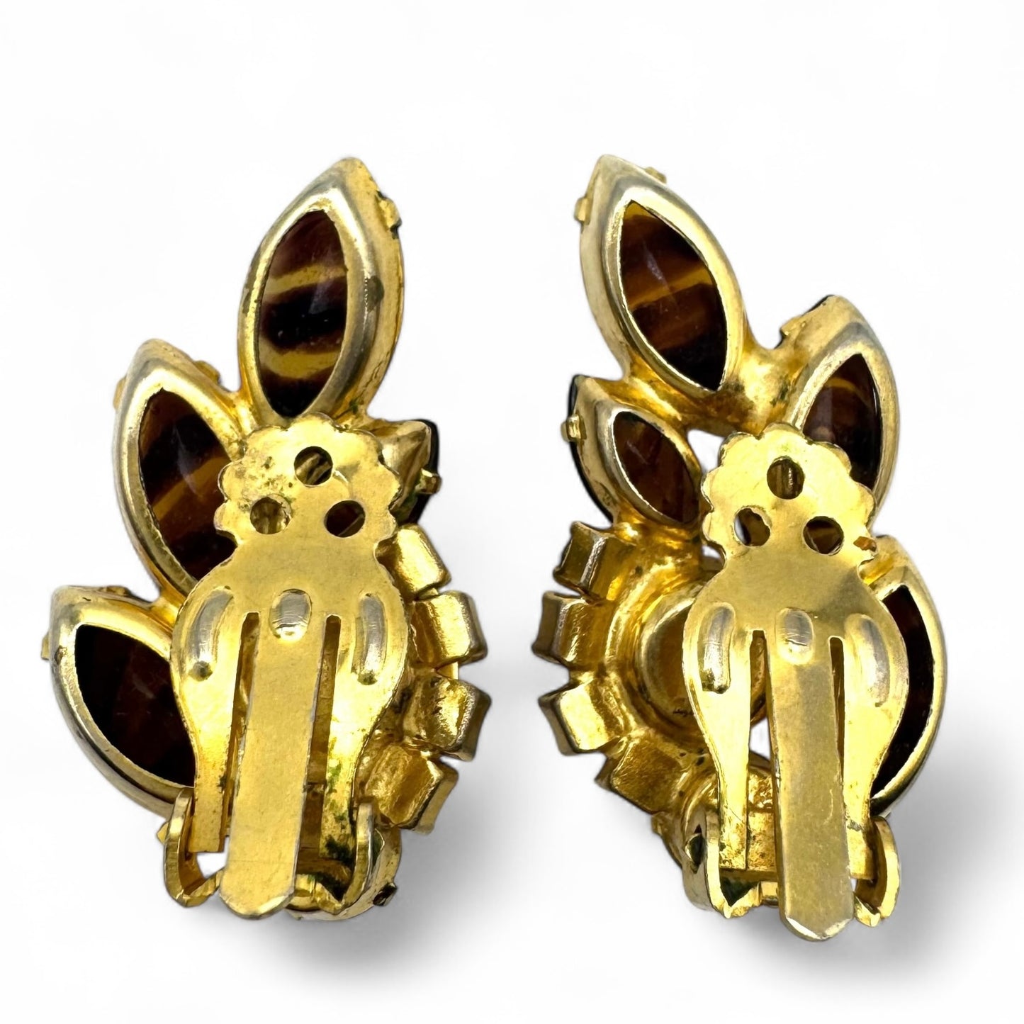 1950's Striped Brown Topaz Glass and Tangerine and Mandarin Topaz Rhinestone Clip On Earrings