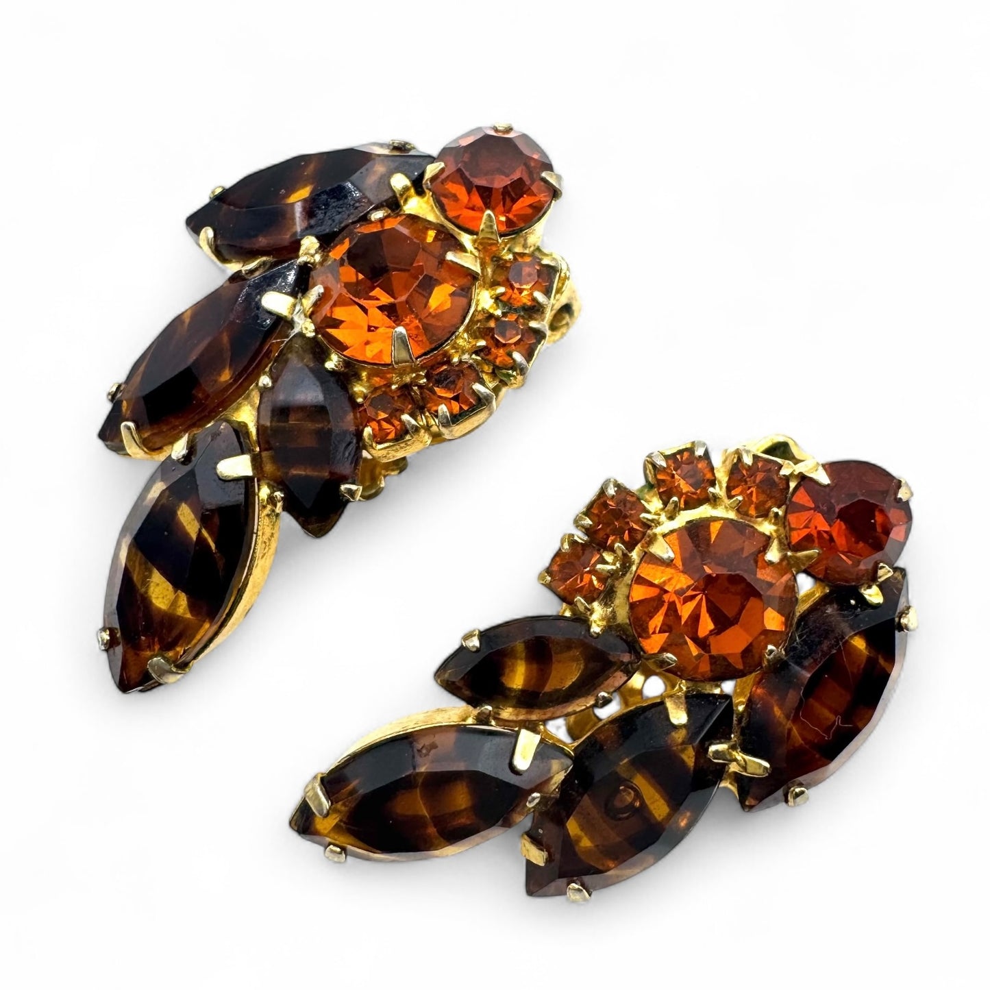 1950's Striped Brown Topaz Glass and Tangerine and Mandarin Topaz Rhinestone Clip On Earrings