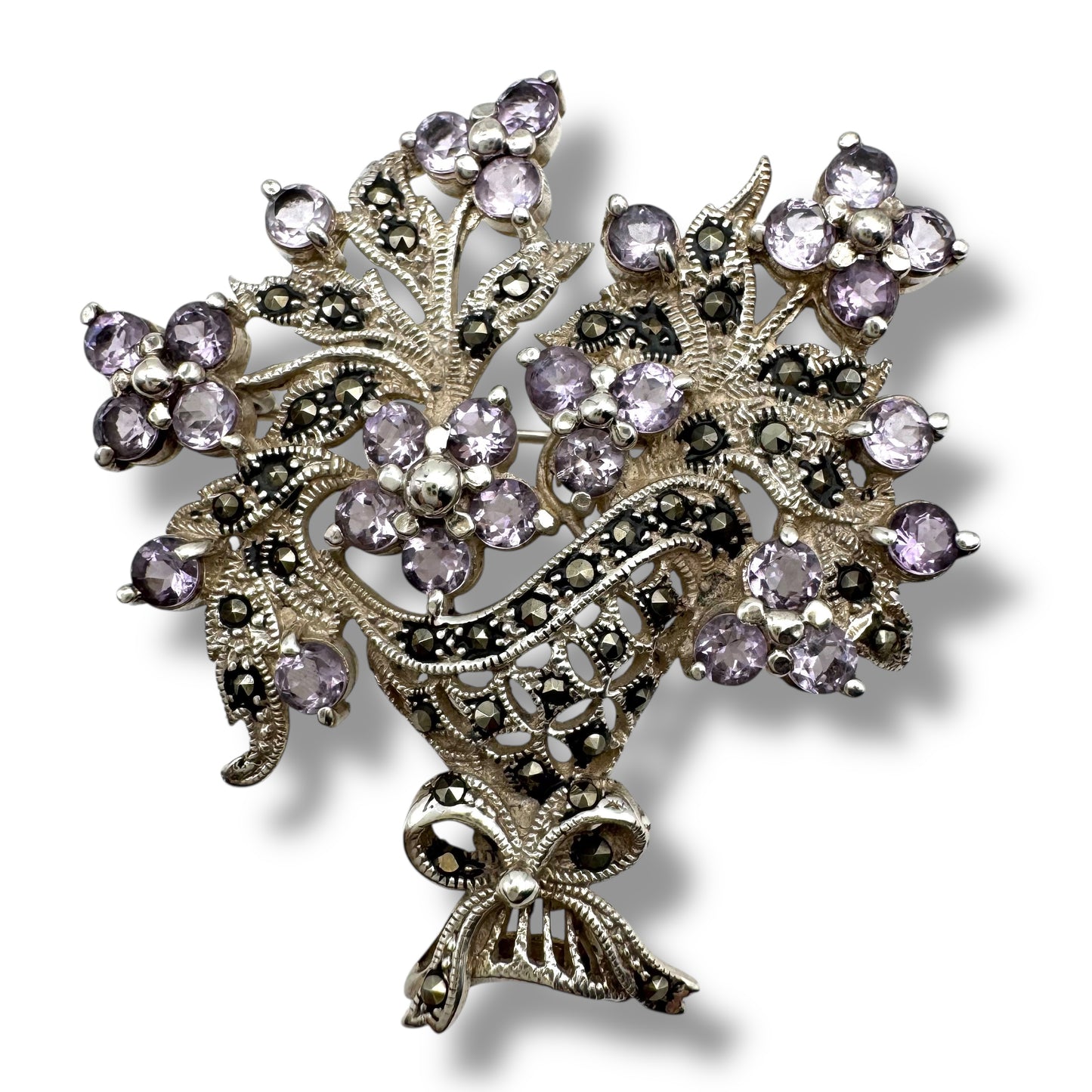 Vintage 925 Silver Victorian Revival Giardinetti Style Amethyst and Marcasite Flower Basket Brooch