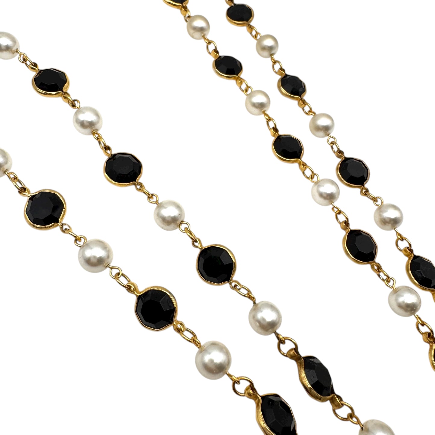 Opera Length Faux Pearl and Black Bezel Set Long Single Strand Necklace