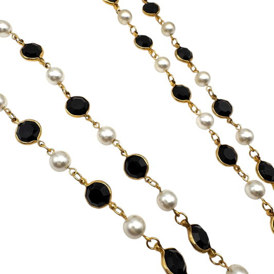 Opera Length Faux Pearl and Black Bezel Set Long Single Strand Necklace