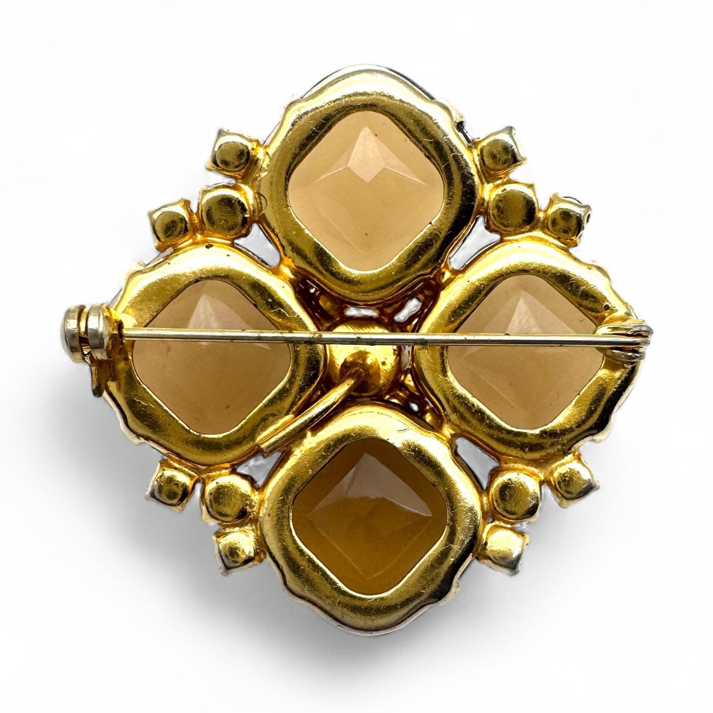 1950s Open Back Cushion-Shaped Topaz Glass Quatrefoil Brooch