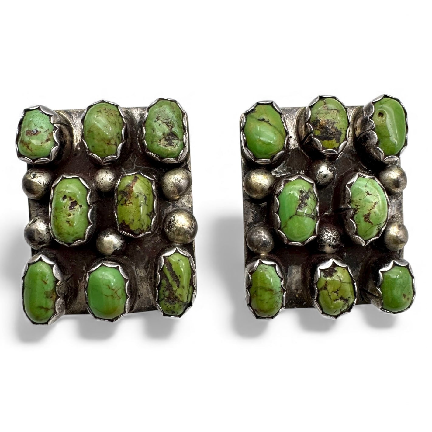 Dorothy Secatero Sterling 'Ds' Navajo Green Turquoise Cluster Pierced Earrings