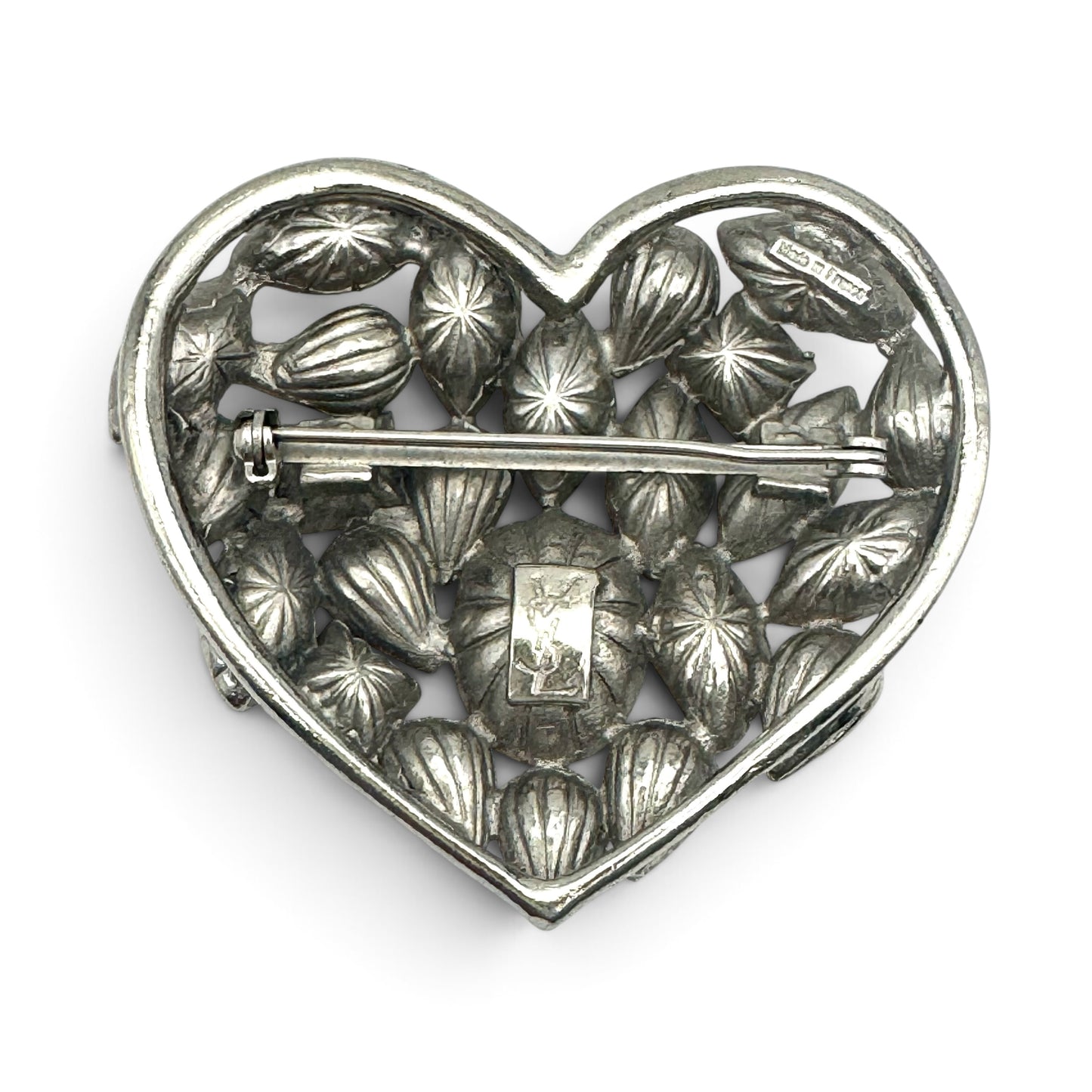 Yves Saint Laurent by Robert Goossens Rare Smoky Grey and Clear Crystal Heart Brooch 1980's