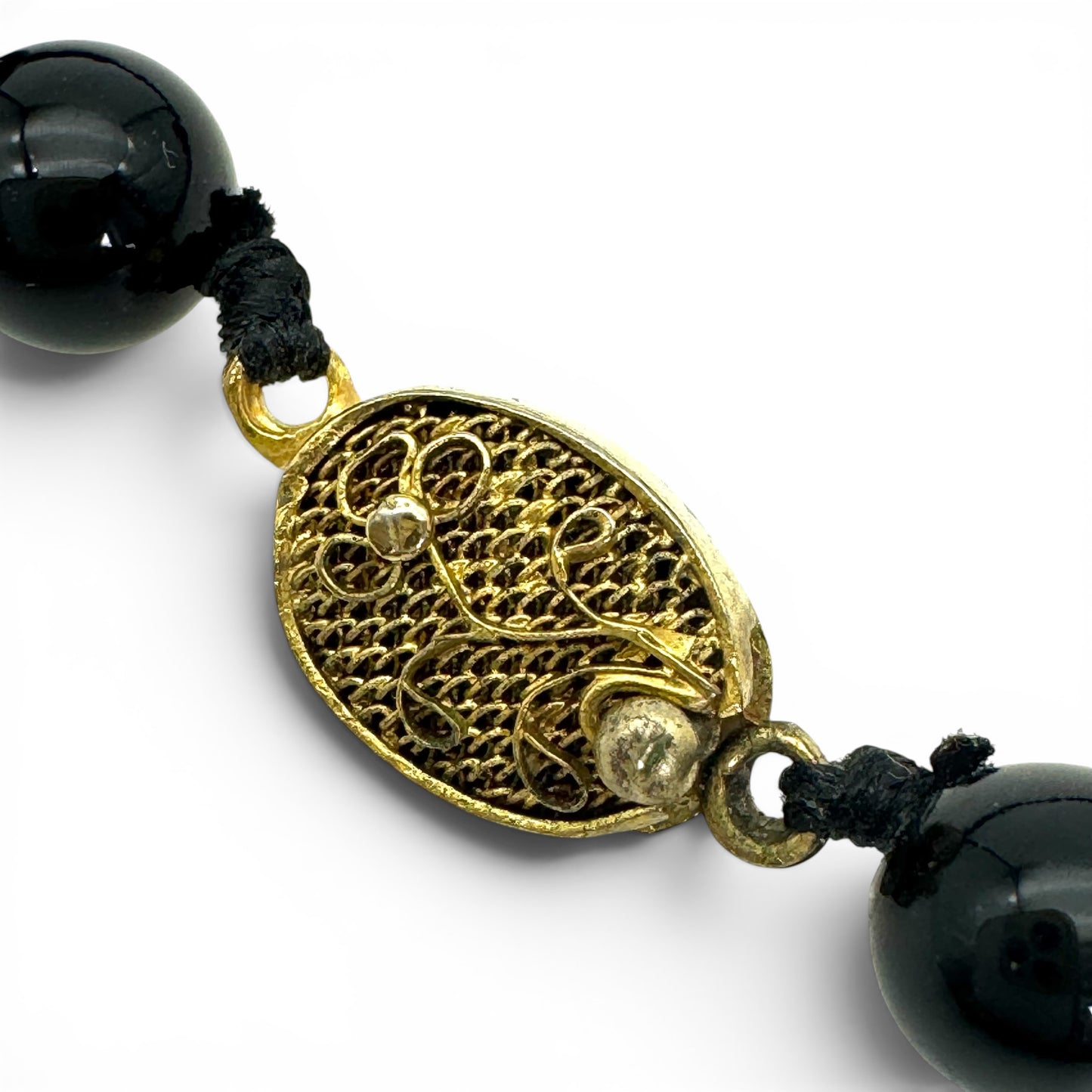 Mid-Century Chinese Export 'Cinnabar Style' Black Onyx Bead Necklace & Earring Suite