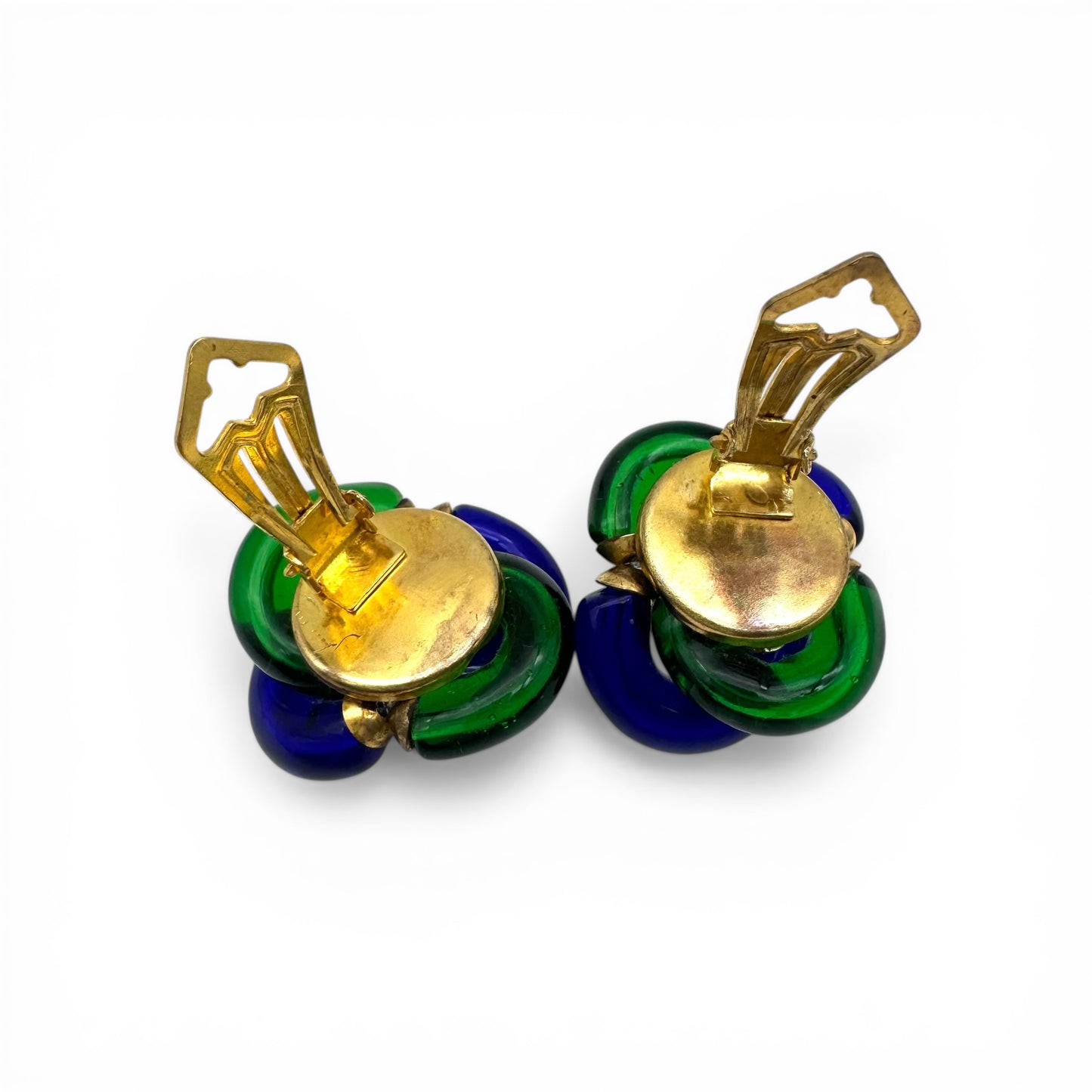 Archimede Seguso for The House of Chanel Vintage Murano Glass Clip On Earrings Cobalt Blue and Emerald Green