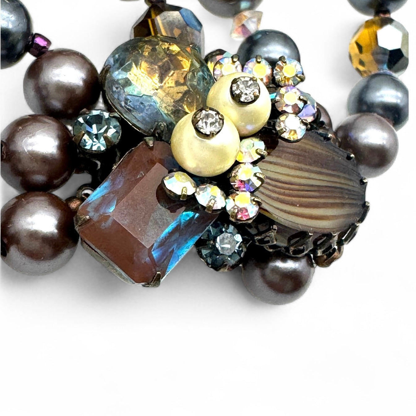 Marvella Sappharine / Saphiret Three Strand Smoky Grey and Chocolate Bronze Faux Pearl Bracelet with Cluster Slide Clasp