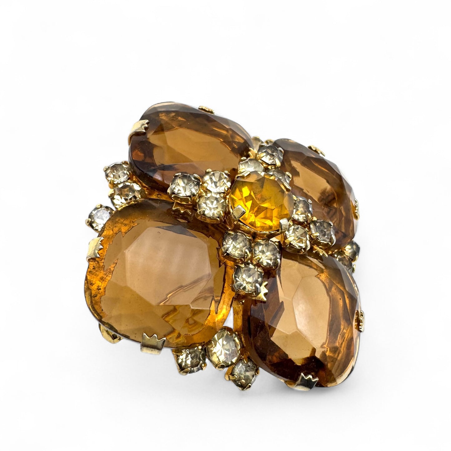 1950s Open Back Cushion-Shaped Topaz Glass Quatrefoil Brooch