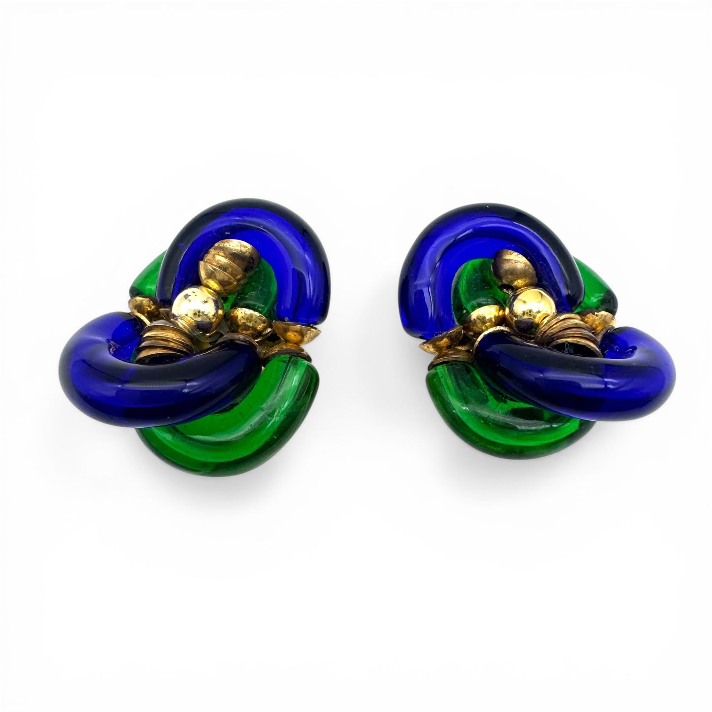 Archimede Seguso for The House of Chanel Vintage Murano Glass Clip On Earrings Cobalt Blue and Emerald Green
