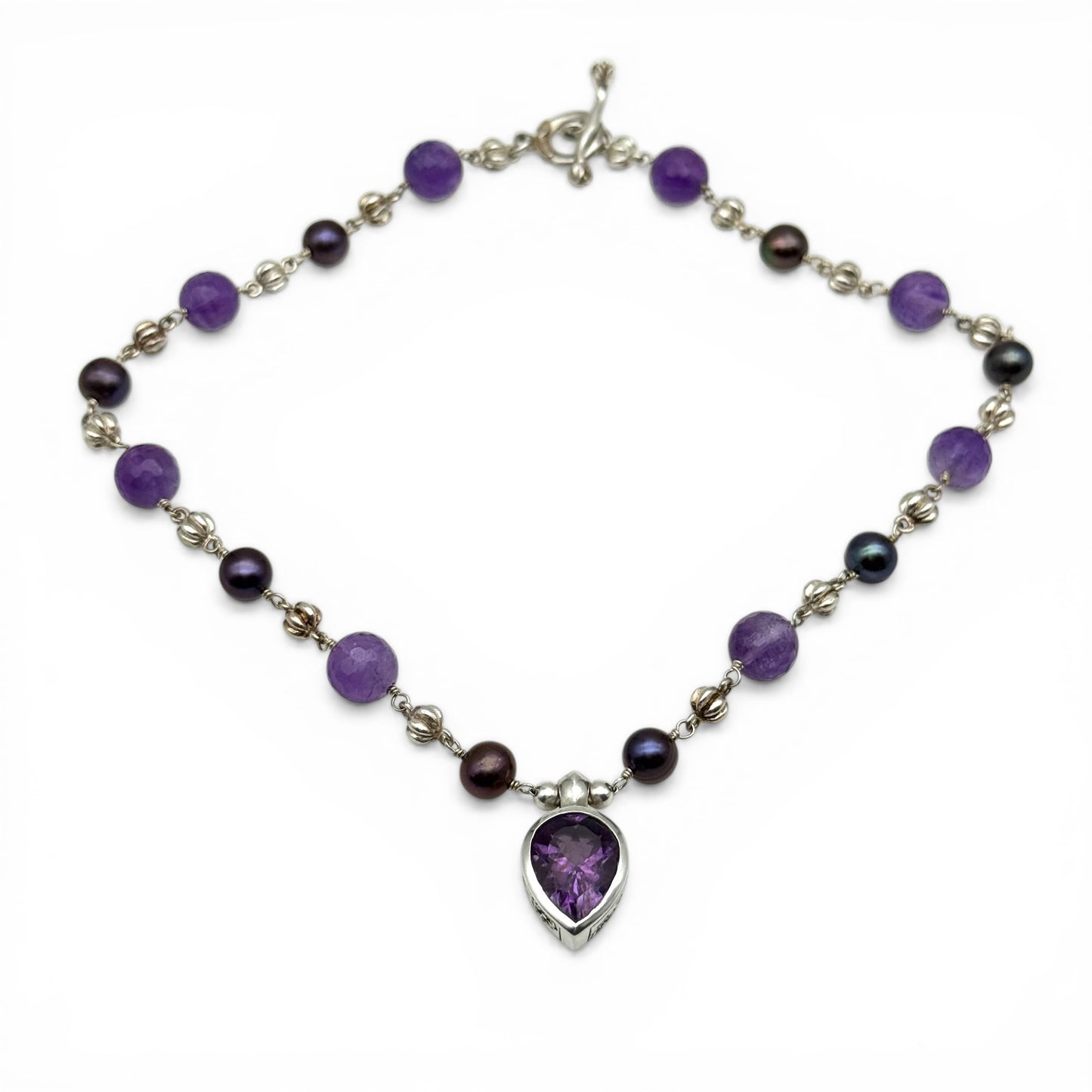 Dower & Hall Amethyst & Freshwater Peacock Pearl Talisman Necklace Engraved 'Love Happiness Luck' in Original Box