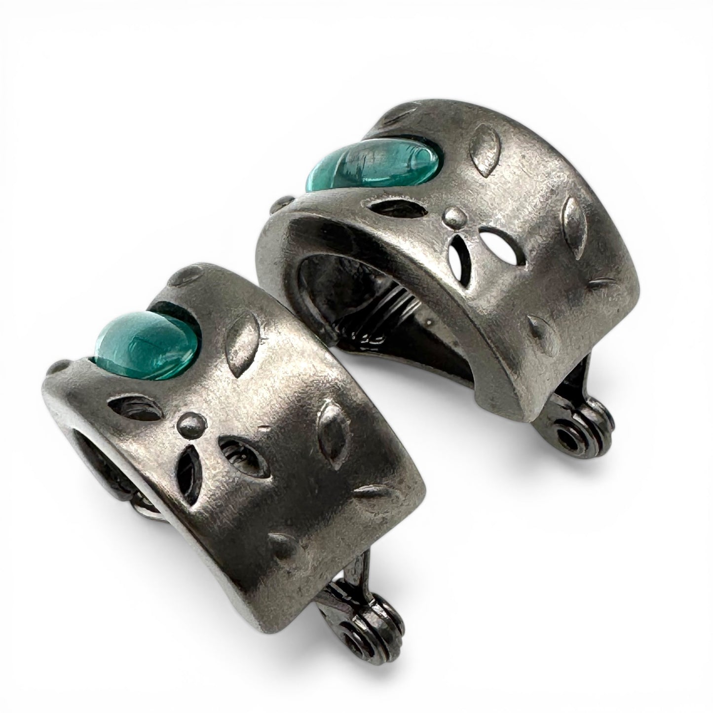 1990s Givenchy Sculptural Cuff Floral Push Back Clip-On Earrings with Turquoise Glass Cabochons