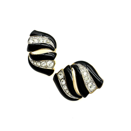 Bergdorf Goodman Black Enamel and Swarovski Crystal Pierced Earrings with Brand New 925 Silver Butterfly Backs