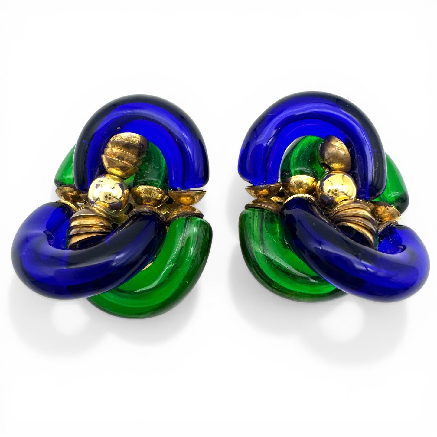 Archimede Seguso for The House of Chanel Vintage Murano Glass Clip On Earrings Cobalt Blue and Emerald Green