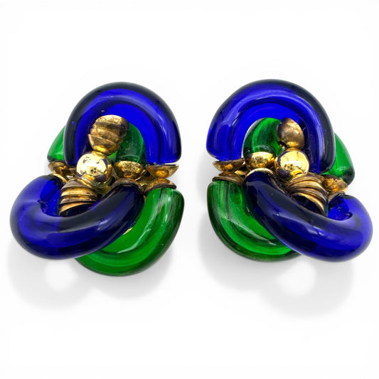 Archimede Seguso for The House of Chanel Vintage Murano Glass Clip On Earrings Cobalt Blue and Emerald Green