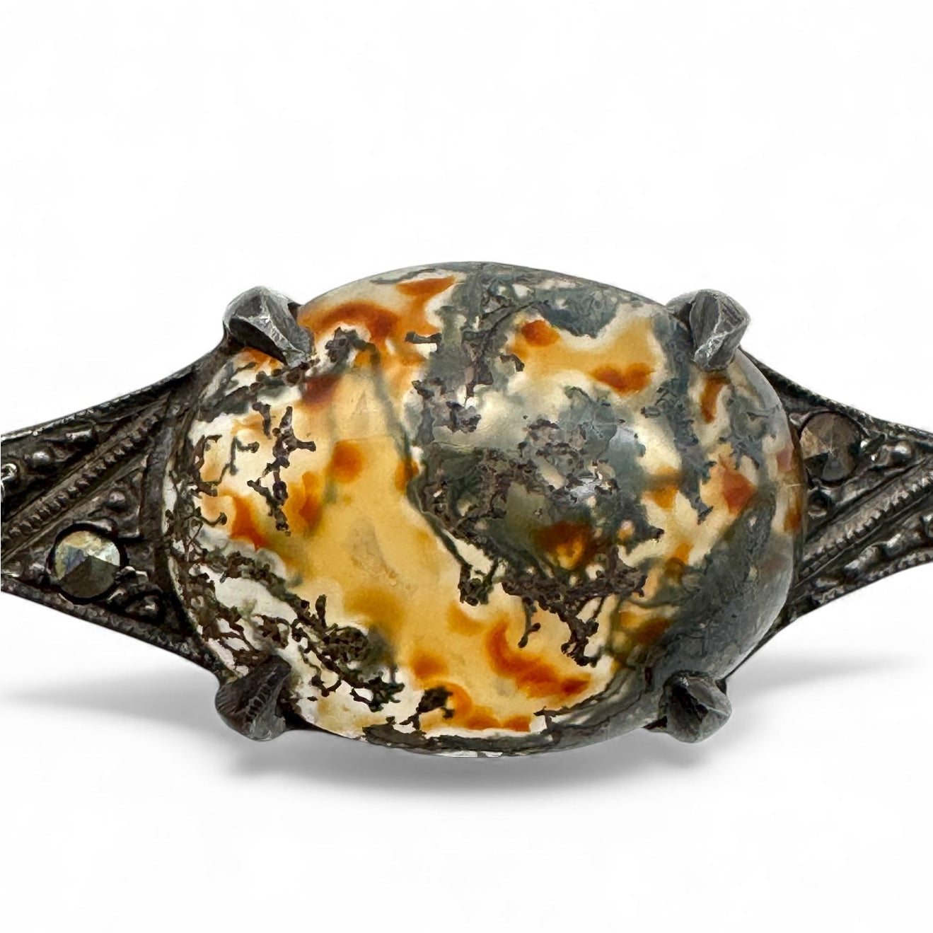 Victorian Scottish Carnelian Moss Agate and Marcasite Silver C Clasp Bar Brooch c. 1880–1900