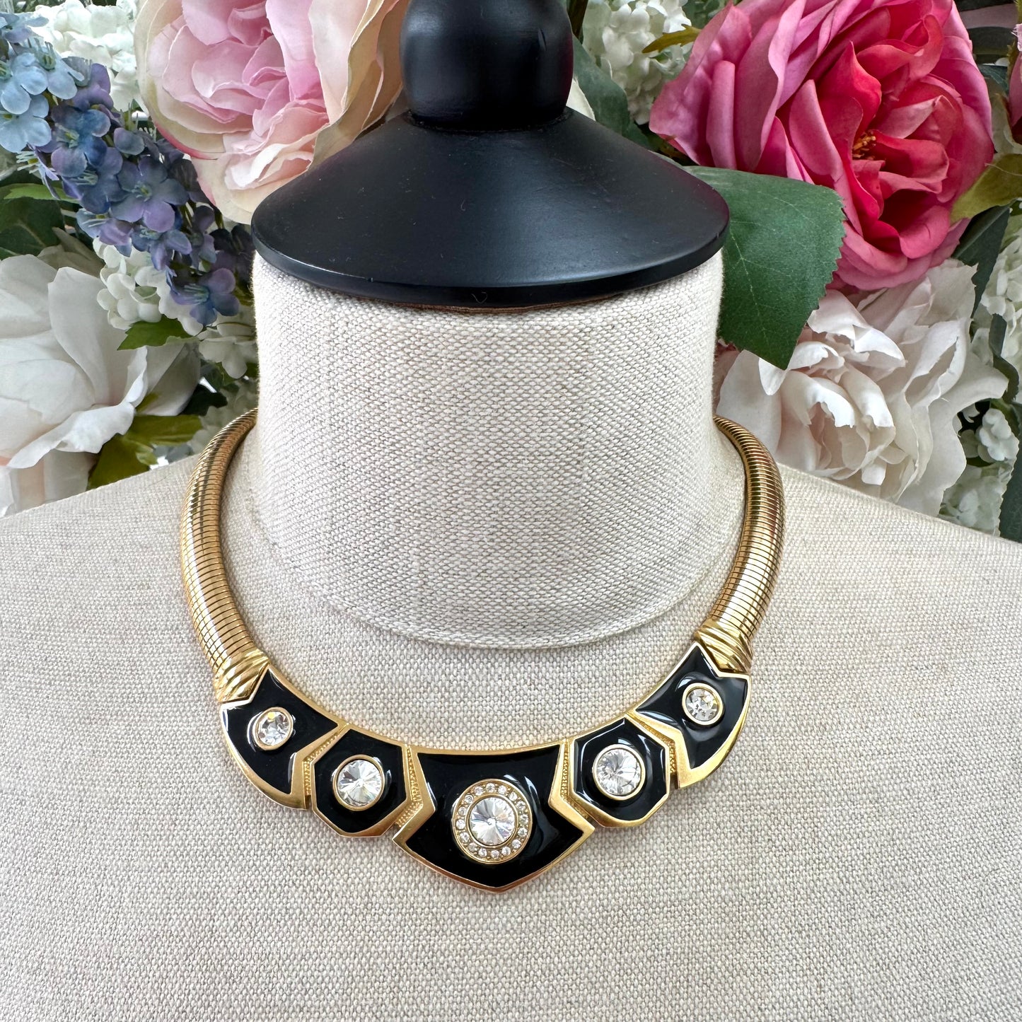 Bergdorf Goodman Enamel and Swarovski Rivoli Crystal Omega Necklace