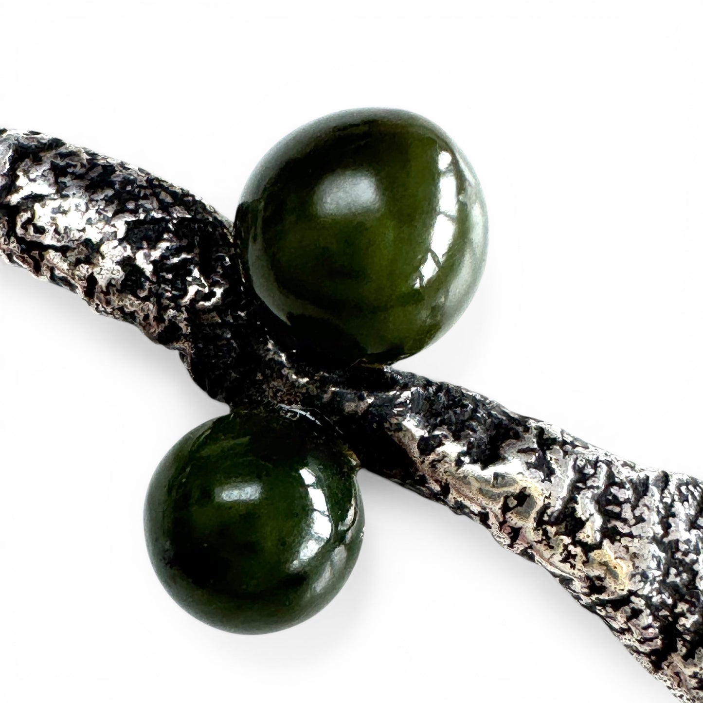 Vintage Sterling Silver Handcrafted Organic Freeform Key Brooch with Baroque Cultured Pearl and Green Stone Accents