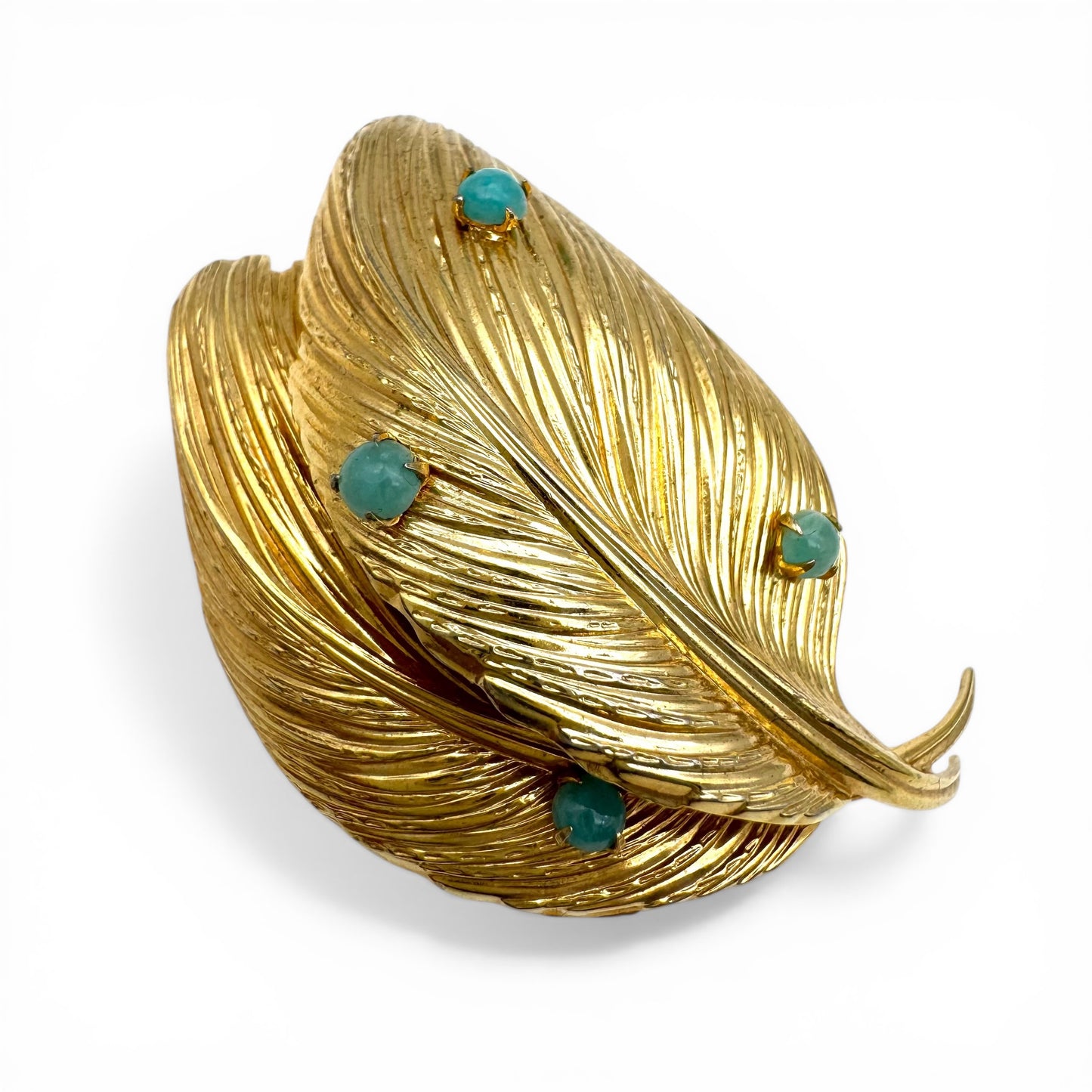 Grosse Germany 1962 Gold Plated Double Leaf Brooch with Turquoise Glass Accents
