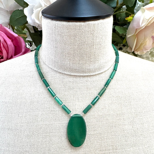 Vintage Art Deco Chrysoprase Hexagonal Tube Bead Necklace with Large Translucent Oval Pendant with Rock Crystal Spacers
