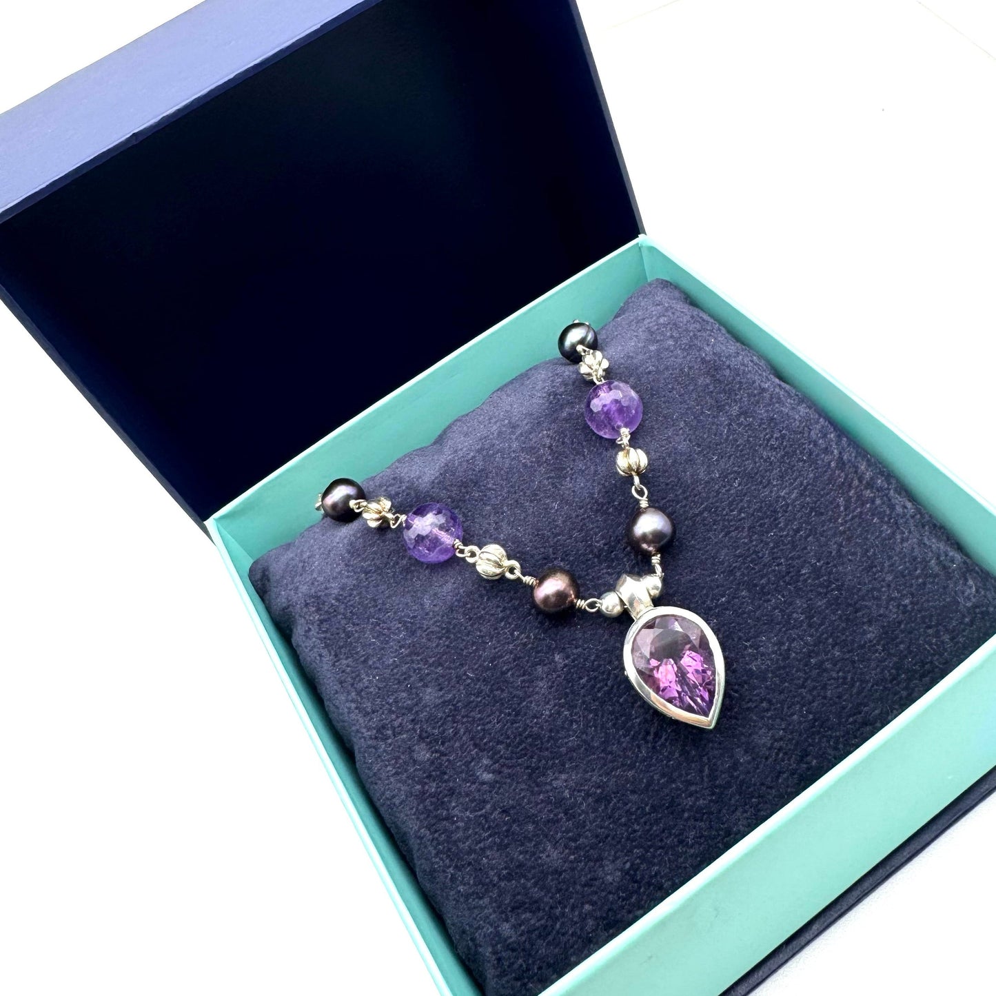 Dower & Hall Amethyst & Freshwater Peacock Pearl Talisman Necklace Engraved 'Love Happiness Luck' in Original Box
