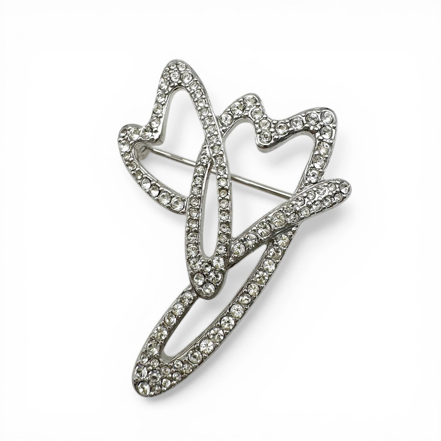 Swarovski (Swan Mark) Rhodium Plated Interlocking Double Open Hearts Single Line Brooch