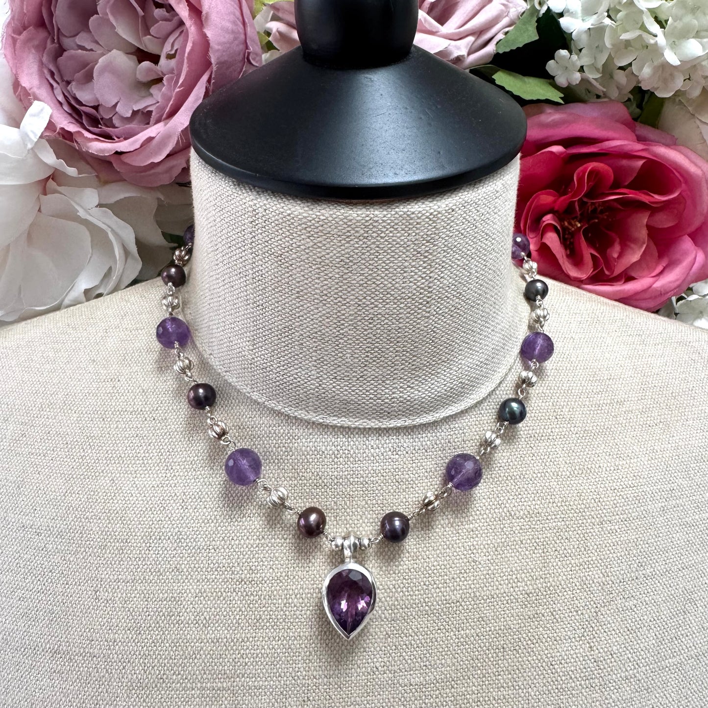 Dower & Hall Amethyst & Freshwater Peacock Pearl Talisman Necklace Engraved 'Love Happiness Luck' in Original Box