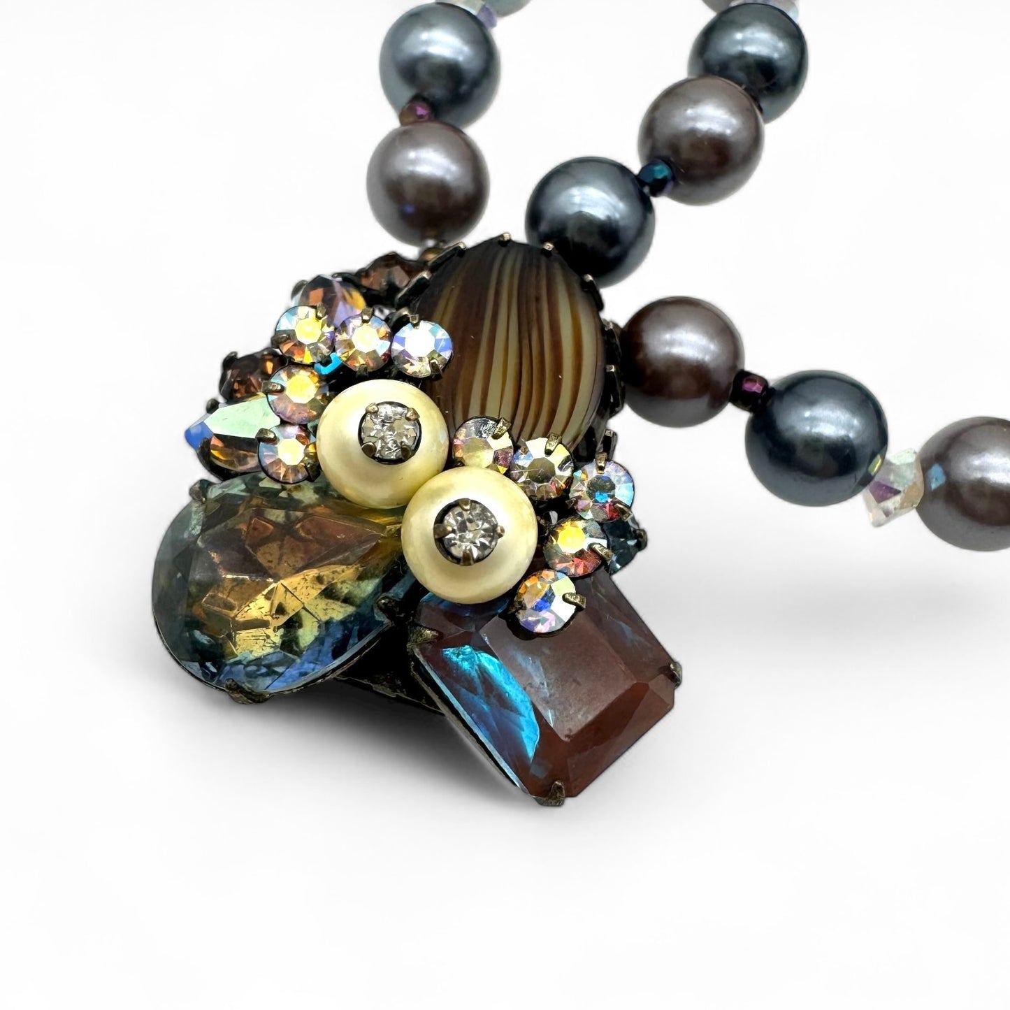 Marvella Sappharine / Saphiret Three Strand Smoky Grey and Chocolate Bronze Faux Pearl Bracelet with Cluster Slide Clasp