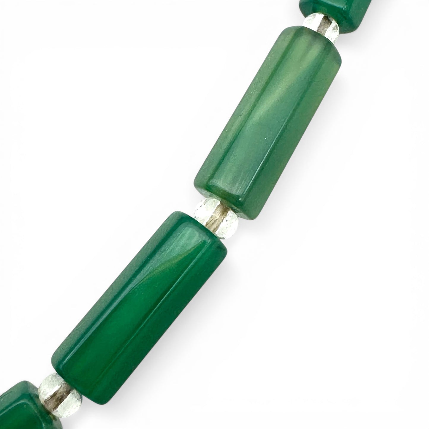 Vintage Art Deco Chrysoprase Hexagonal Tube Bead Necklace with Large Translucent Oval Pendant with Rock Crystal Spacers