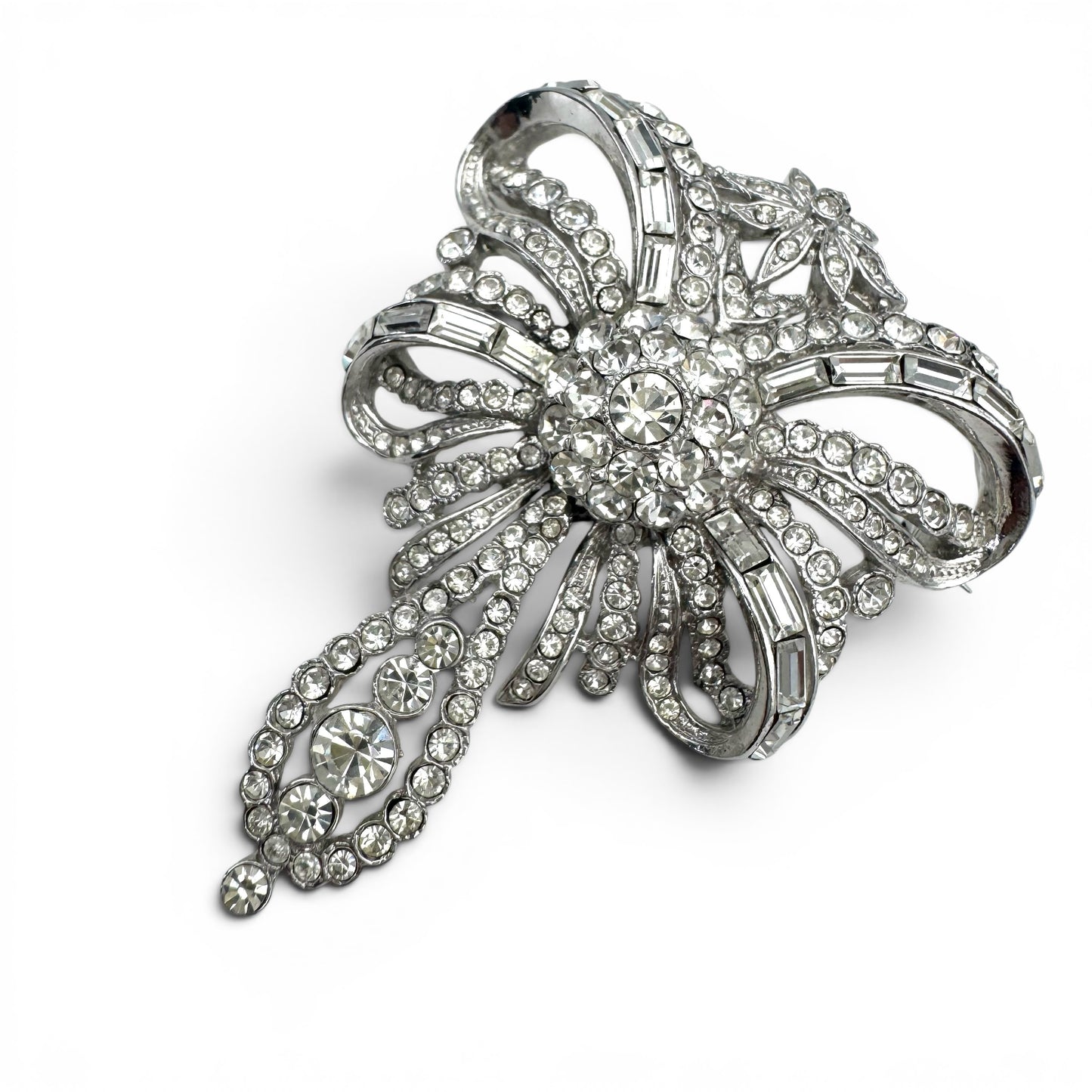 Attwood and Sawyer Rhodium Plated and Swarovski Crystal 'Minuet' Bow Brooch