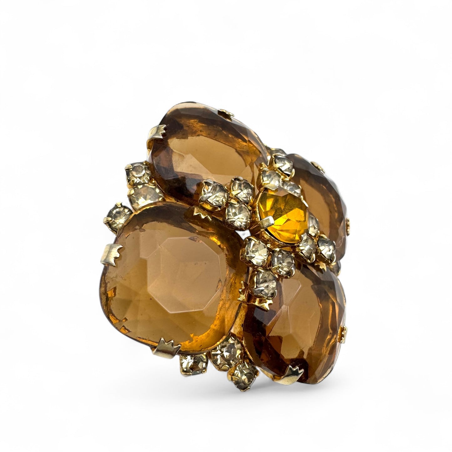 1950s Open Back Cushion-Shaped Topaz Glass Quatrefoil Brooch