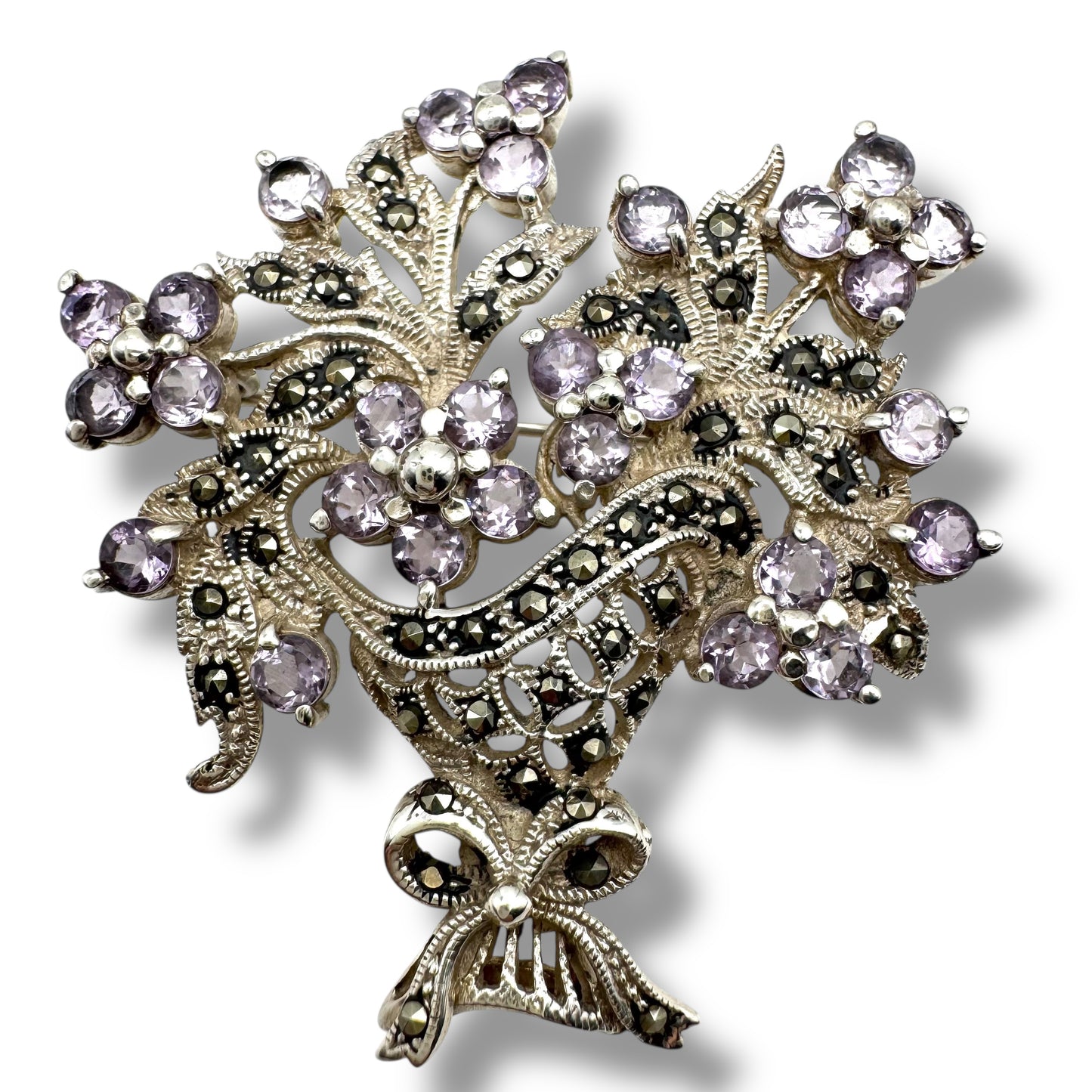 Vintage 925 Silver Victorian Revival Giardinetti Style Amethyst and Marcasite Flower Basket Brooch