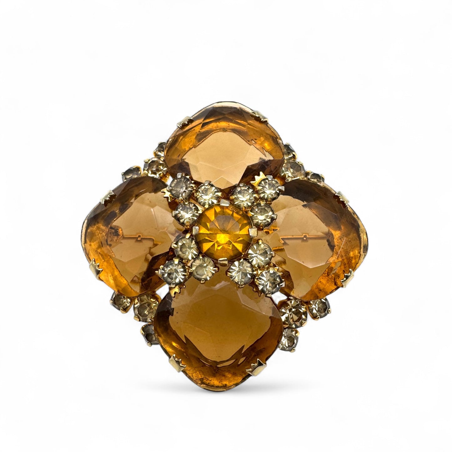 1950s Open Back Cushion-Shaped Topaz Glass Quatrefoil Brooch