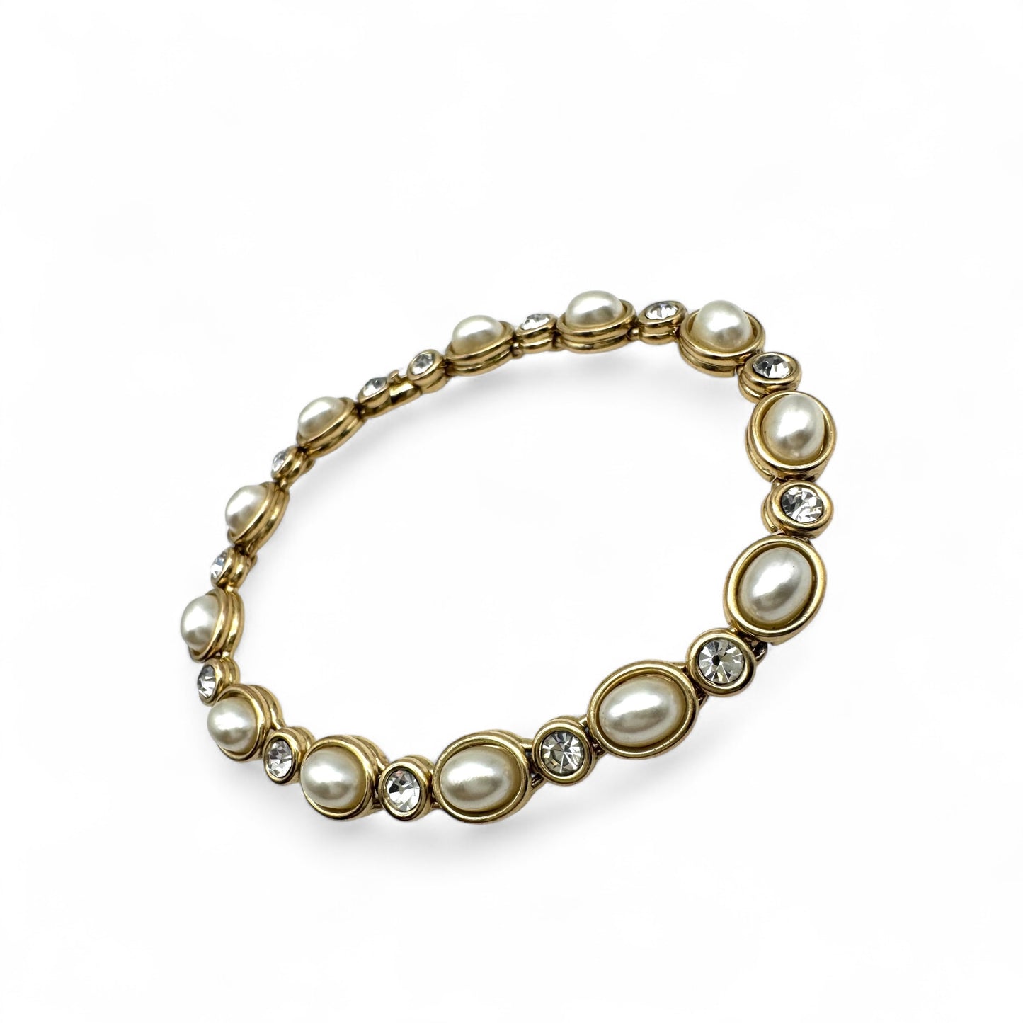 Oval Faux Pearl and Round Crystal Chain Link Bracelet 21cm