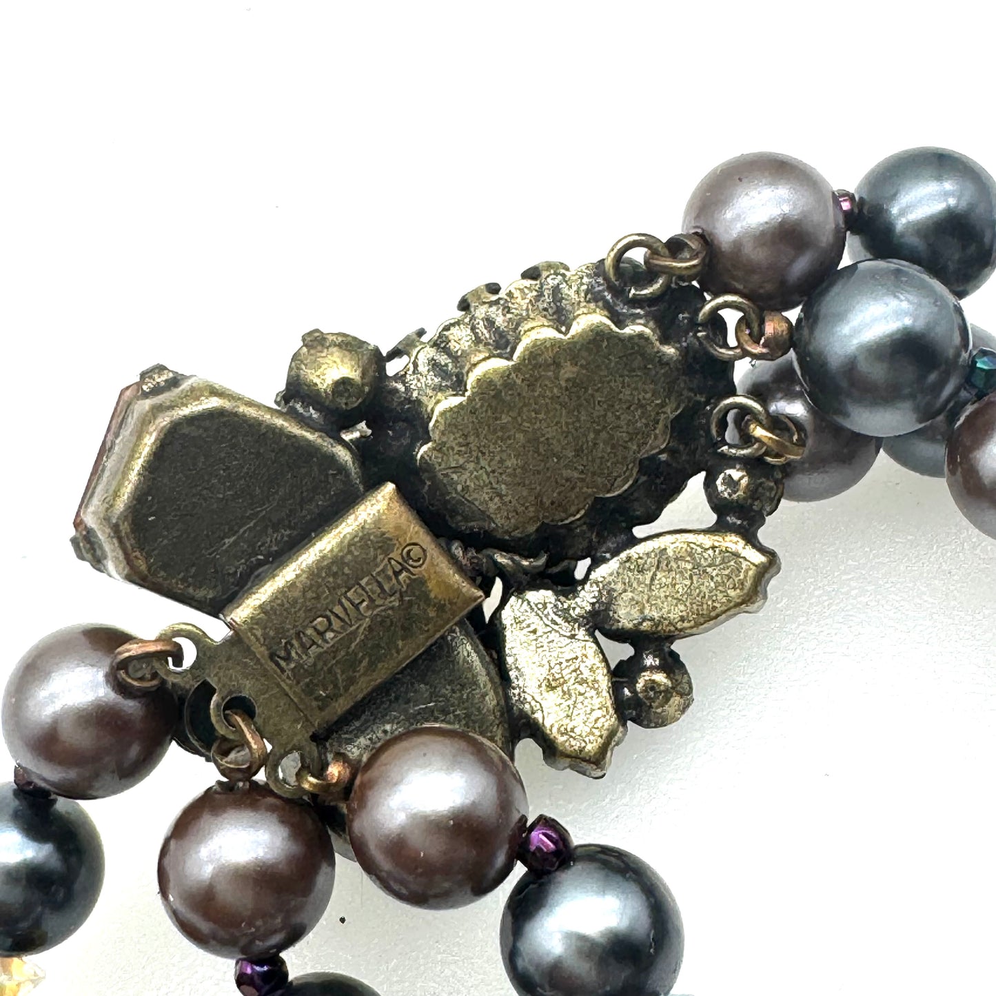 Marvella Sappharine / Saphiret Three Strand Smoky Grey and Chocolate Bronze Faux Pearl Bracelet with Cluster Slide Clasp