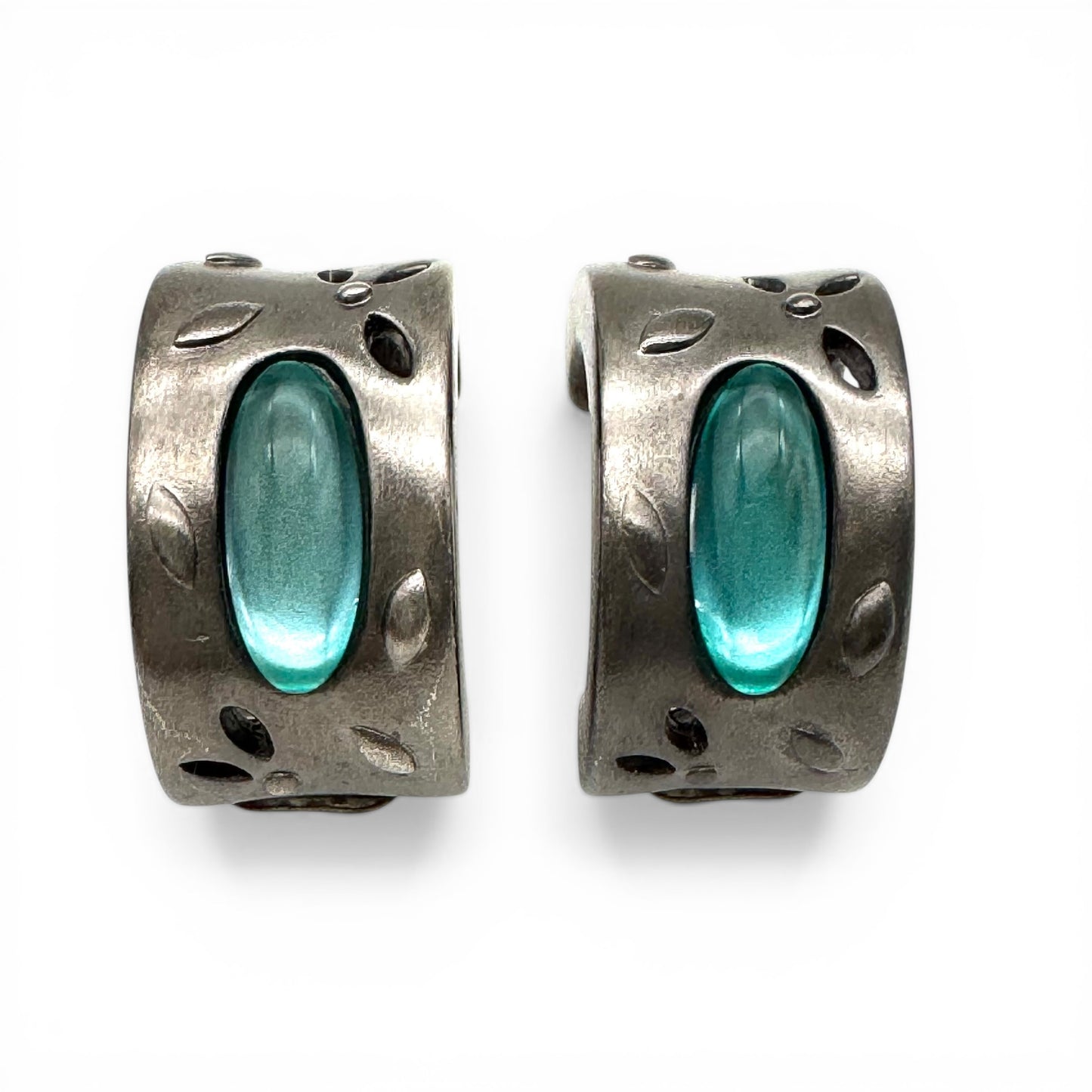 1990s Givenchy Sculptural Cuff Floral Push Back Clip-On Earrings with Turquoise Glass Cabochons