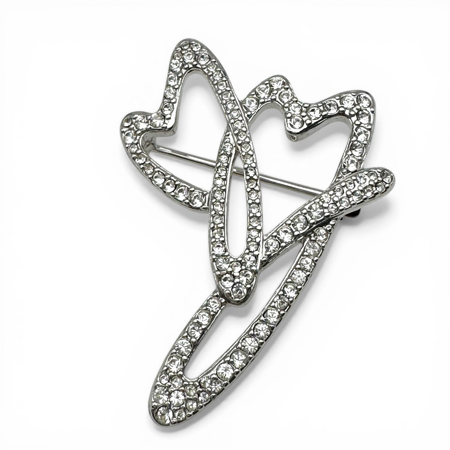 Swarovski (Swan Mark) Rhodium Plated Interlocking Double Open Hearts Single Line Brooch