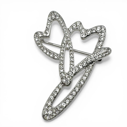 Swarovski (Swan Mark) Rhodium Plated Interlocking Double Open Hearts Single Line Brooch